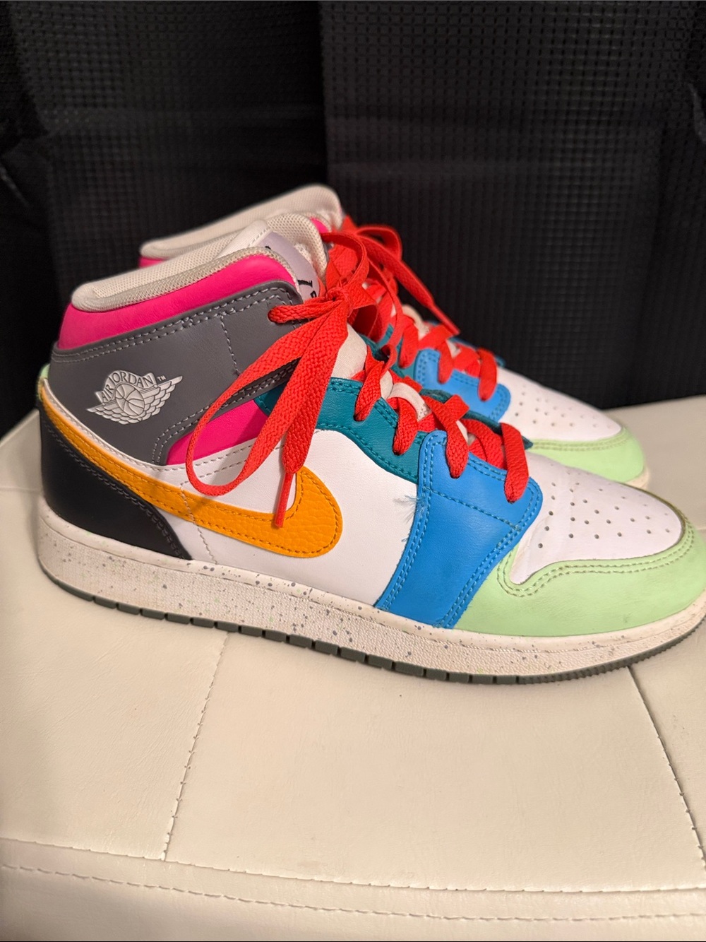 Jordan Kids White Multi-Color Mid-Top Sneakers with Orange Swoosh